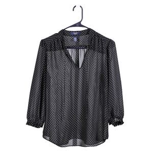 Chaps Ralph Lauren Women's Blouse Black White Polka Dot Sheer Preppy Top Size PM